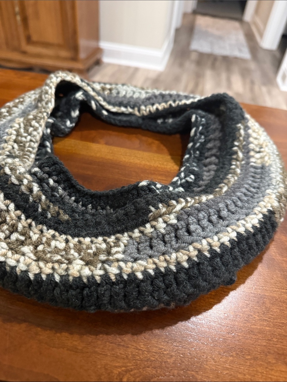 Handcrafted Crochet Infinity Scarf in Black, Gray & Cream